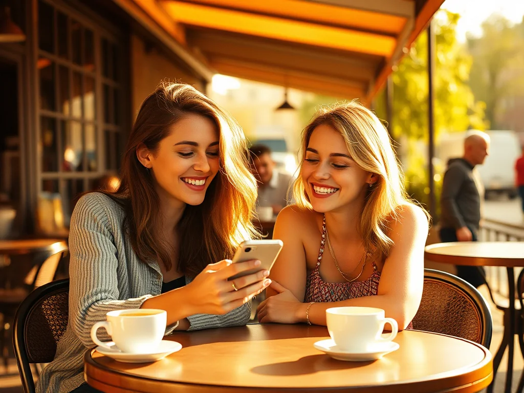 Deux amies à une terrasse de café ensoleillée, l'une montre son téléphone à l'autre