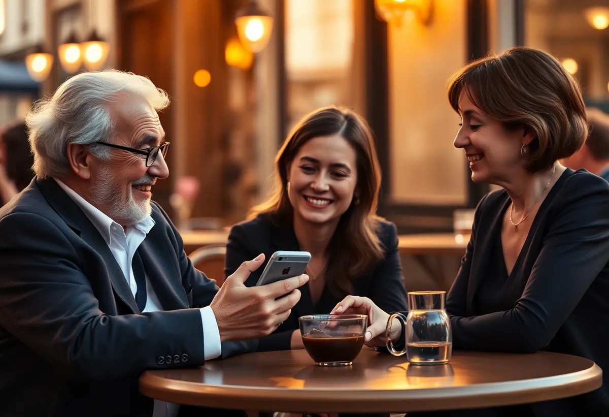 À la terrasse d'un café dans la lumière dorée du soir, un homme aux cheveux blancs montre son téléphone à deux femmes souriantes attablées autour d'un café