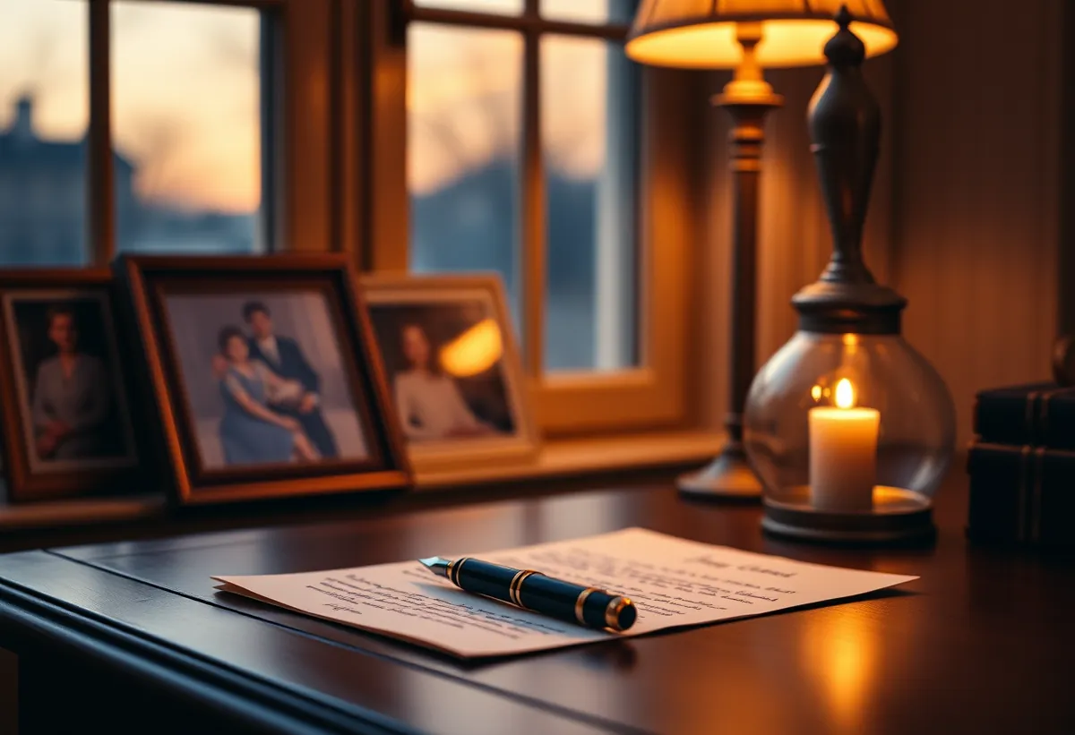 Un bureau d'écriture au crépuscule : une lettre manuscrite et un stylo plume posés dessus, des portraits de famille encadrés alignés contre la fenêtre, une bougie sous cloche et une lampe allumée