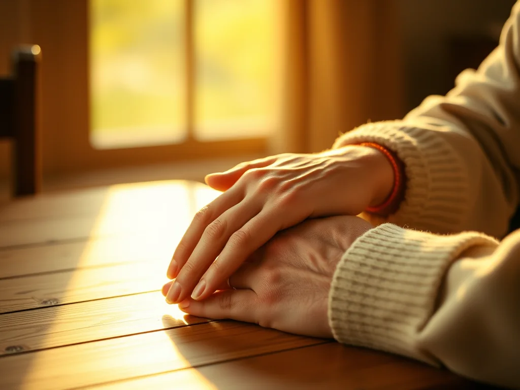 Une main jeune posée avec chaleur sur une main âgée, sur une table en bois